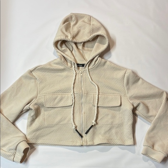 boohoo Women’s Cream Midriff Cropped Hoodie Sweatshirt Size 8 - Picture 1 of 9